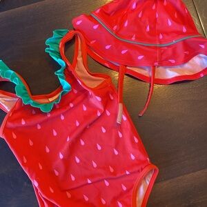 Mini Boden Red and Green Strawberry Swim One Piece with Matching Sun Hat